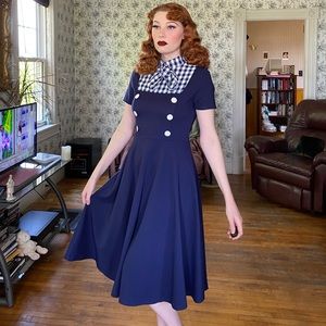 Vintage Inspired Navy Blue & Gingham Yoke Swing Dress